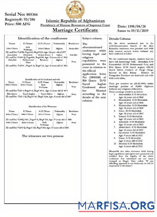 Realistic AFGHANISTAN marriage certificate download for verification